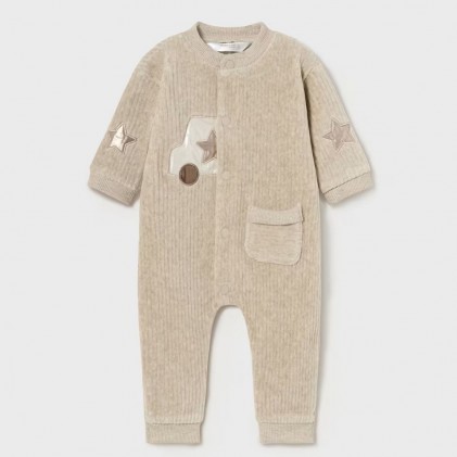 Mayoral Baby velour sleepsuit beige car