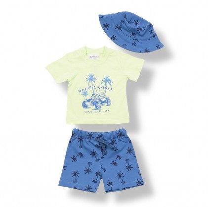 Baby Clothing Set - Lime T-Shirt, Hat & Shorts Printed with Palm Trees