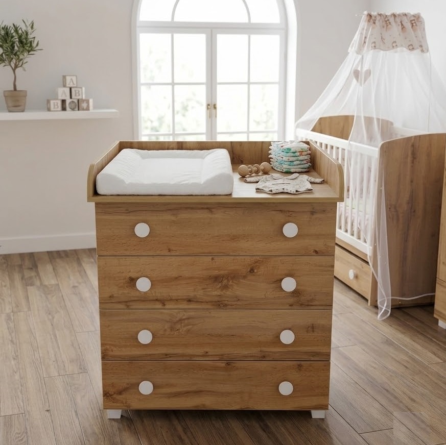 Wooden Baby Dresser Changing Table Natural Oak 90x90x57cm with 4 Soft Close Drawers & Extension