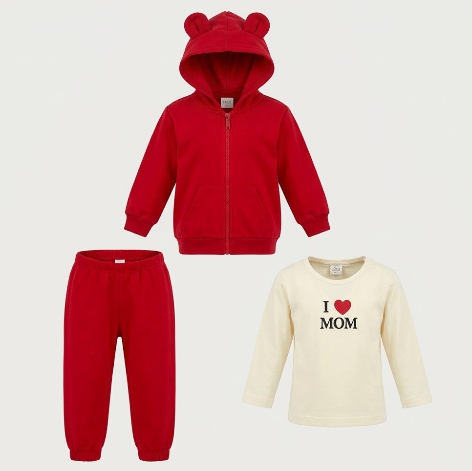 Trax Kids 3-Piece Outfit Set "I LOVE MOM" Red & Ecru with Hoodie, Top & Leggings