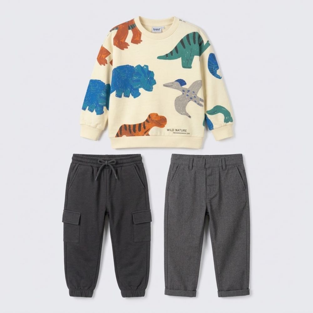Trax Kids 3-Piece Outfit Set "Wild Nature" Dinosaur Sweatshirt & 2 Pants