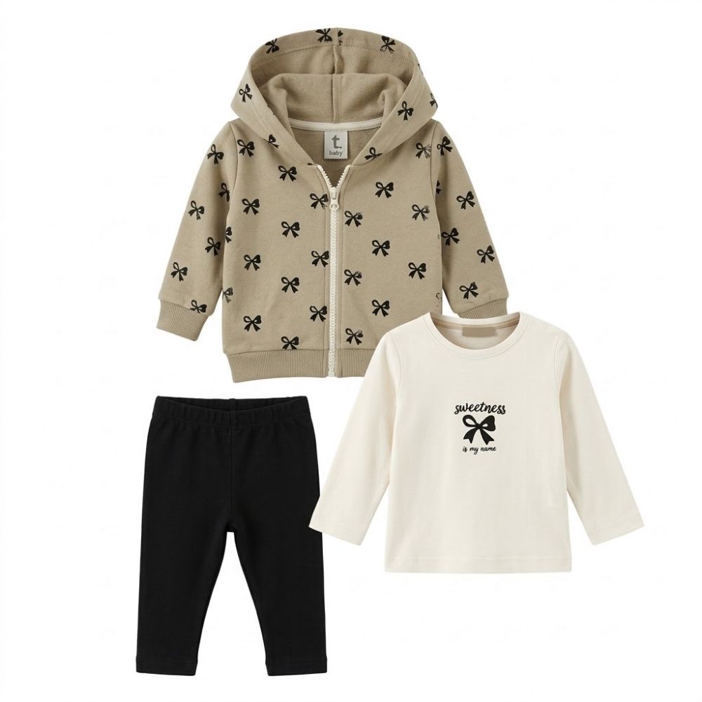 Trax Baby 3-Piece Outfit Set "SWEETNESS IS MY NAME" Beige & Black with Bows